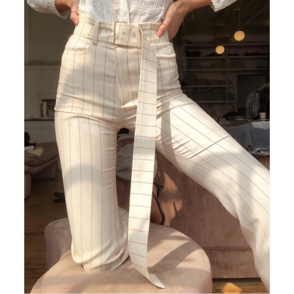 Orseund Iris | $875 Flare Crop Belted Pinstripe Wool Pants In Cream/Red, Size 6 — image 4 of 8